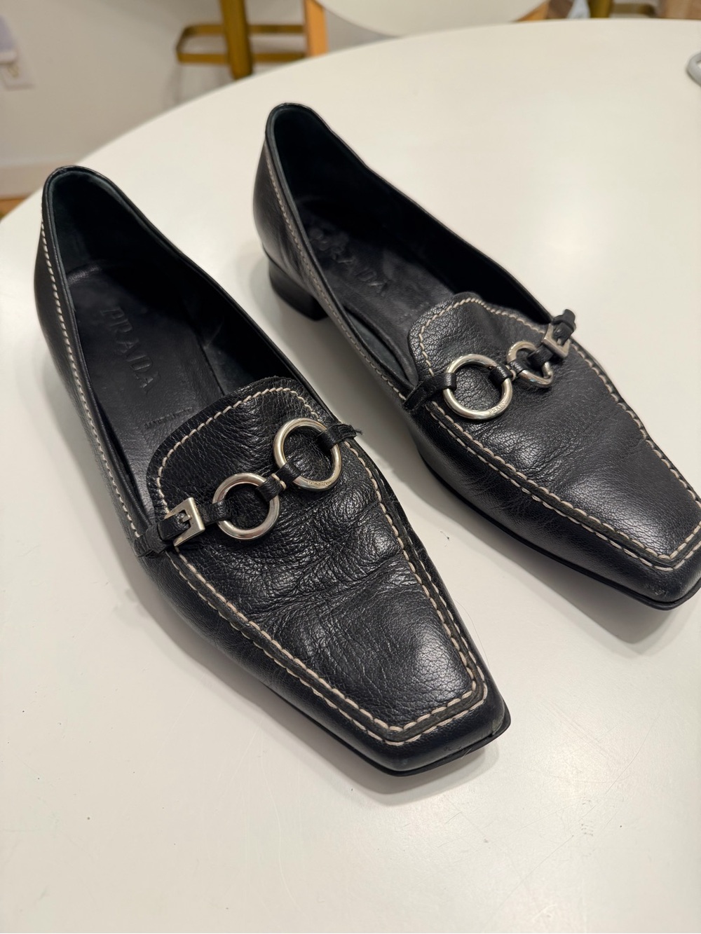 Vintage Prada Black Leather Square-Toe Loafers with Silver Rings